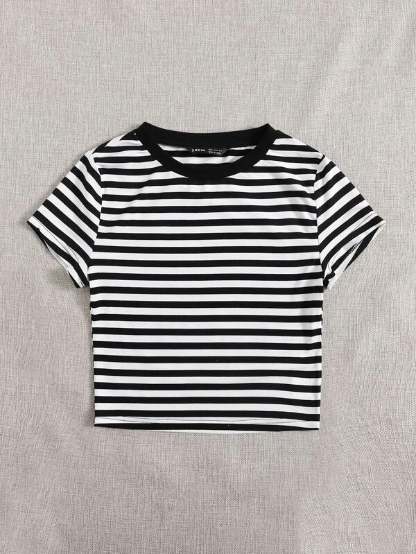 Crop top blanco y negro a rayas manga corta - 3123