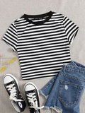 Crop top blanco y negro a rayas manga corta - 3123