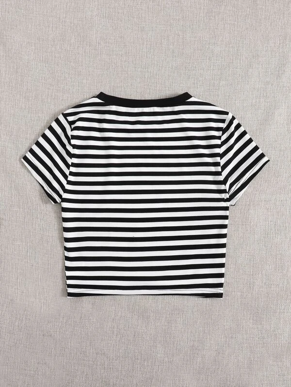 Crop top blanco y negro a rayas manga corta - 3123