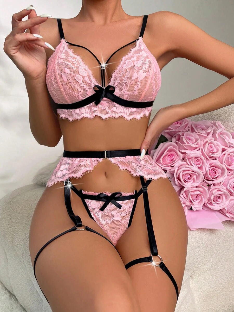 Lenceria dos piezas rosa & negro con encaje - 3779