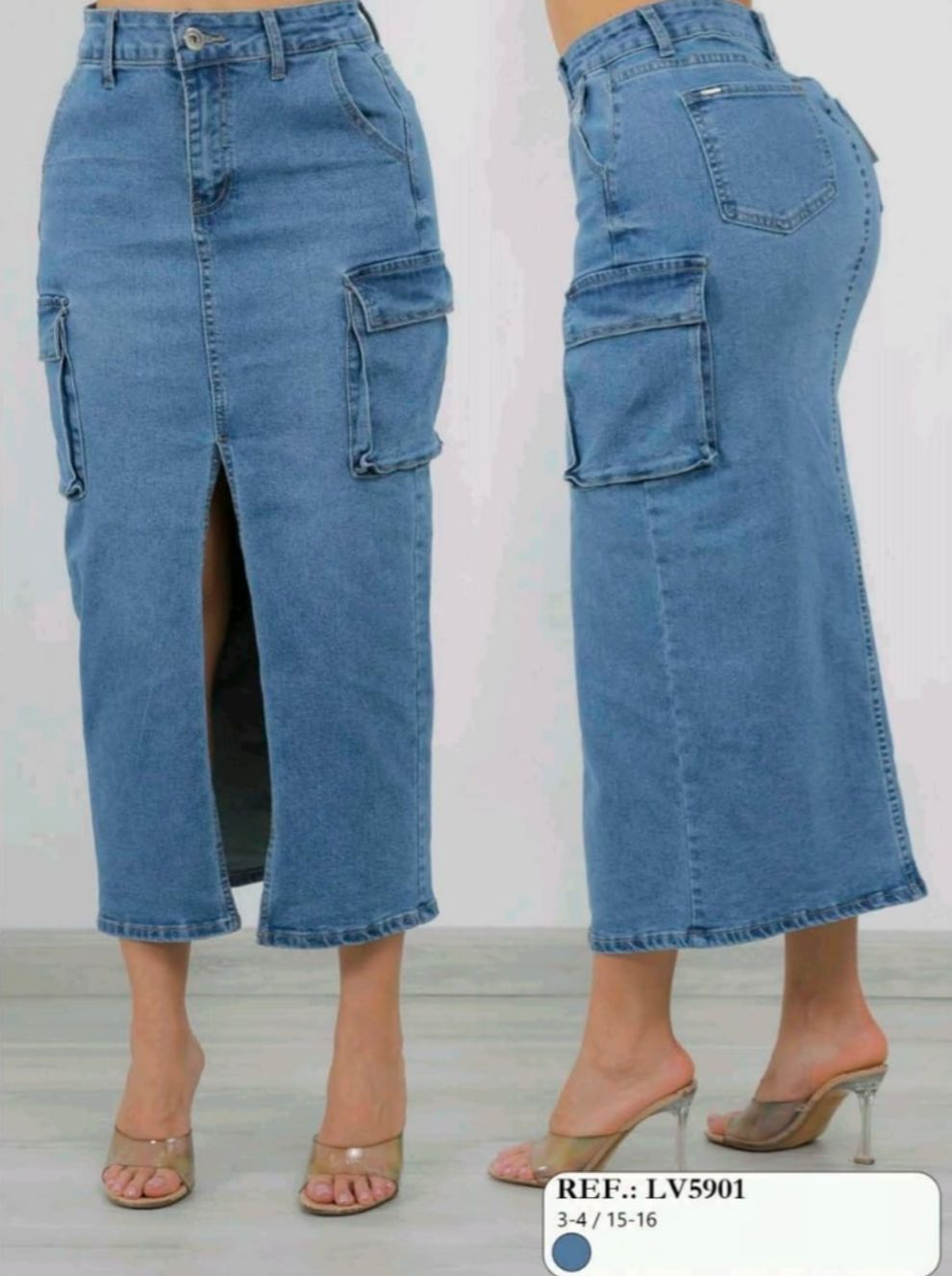 Falda jeans Azul larga estilo cargo - 4647