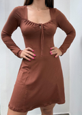 Vestido café manga larga lazo en pecho - 4916C