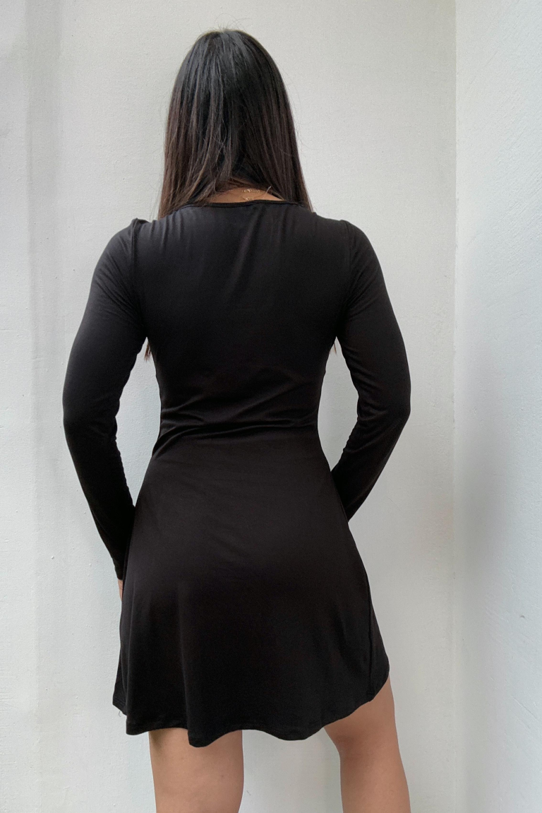 Vestido negro manga larga lazo en pecho - 4916N