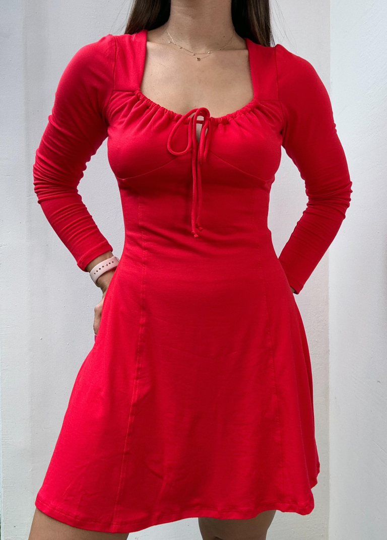 Vestido rojo manga larga lazo en pecho - 4916R