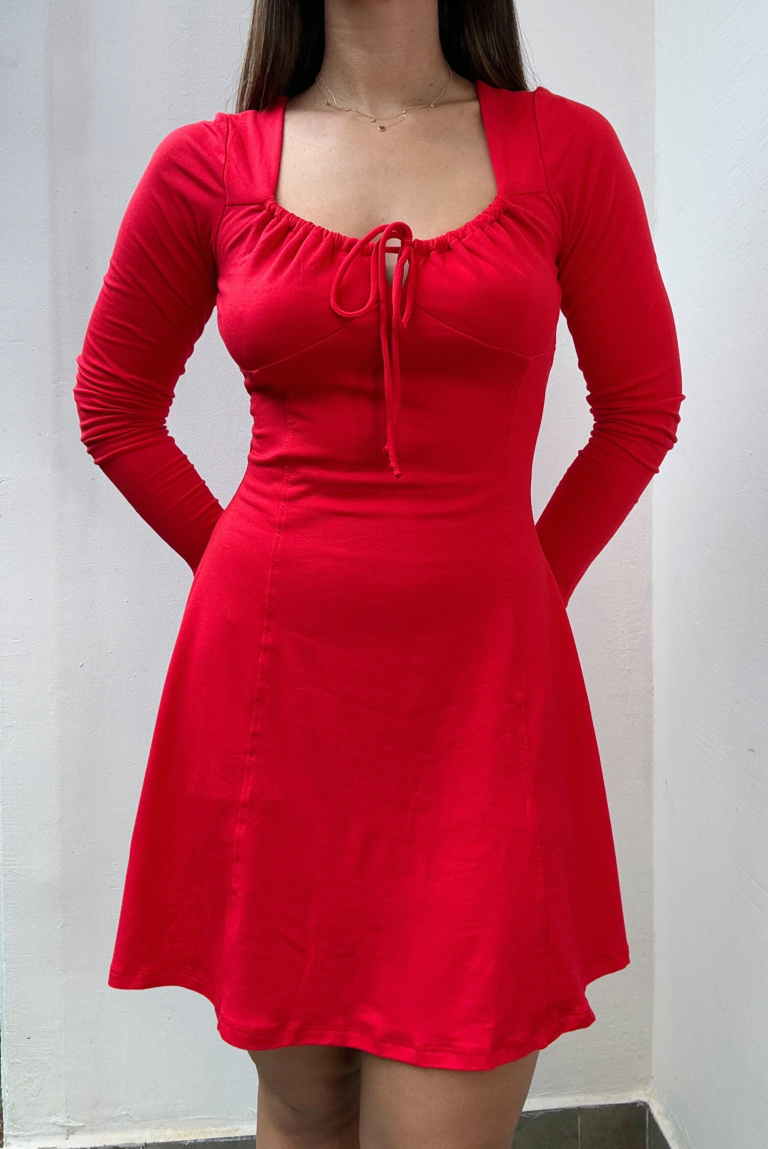 Vestido rojo manga larga lazo en pecho - 4916R