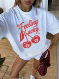 Camisa blanca de algodón estampada feeling lucky oversize - 5067