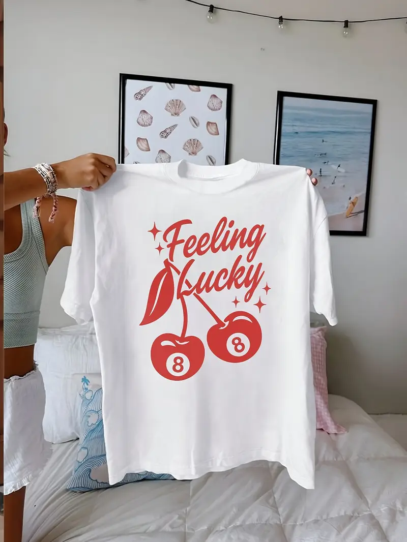 Camisa blanca de algodón estampada feeling lucky oversize - 5067