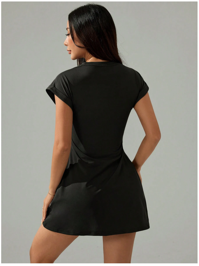 Vestido gris oscuro corto doblez en mangas - 5138