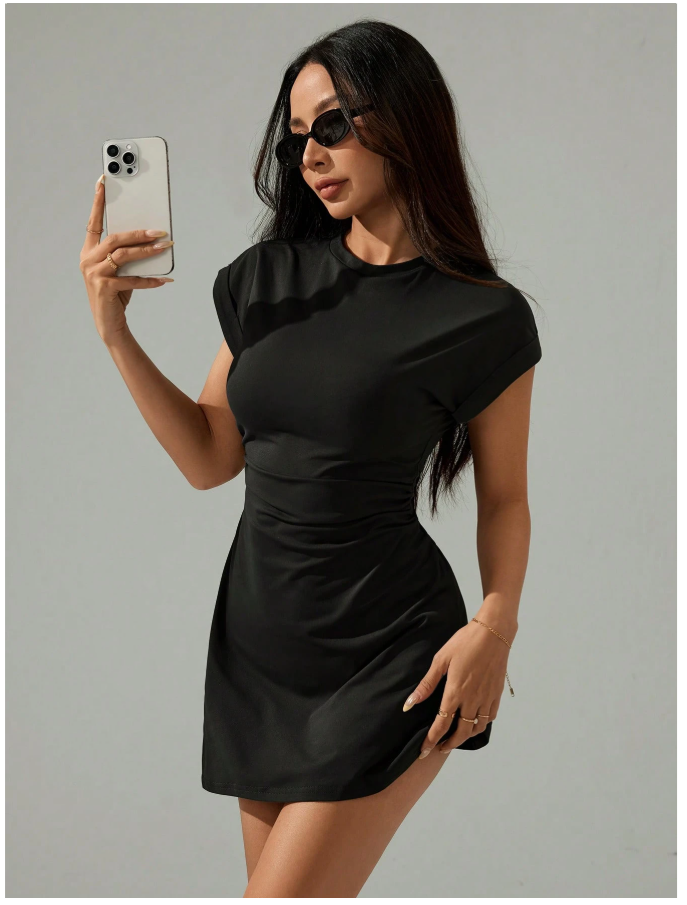 Vestido gris oscuro corto doblez en mangas - 5138