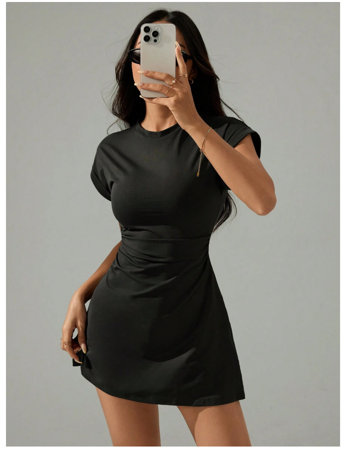 Vestido gris oscuro corto doblez en mangas - 5138