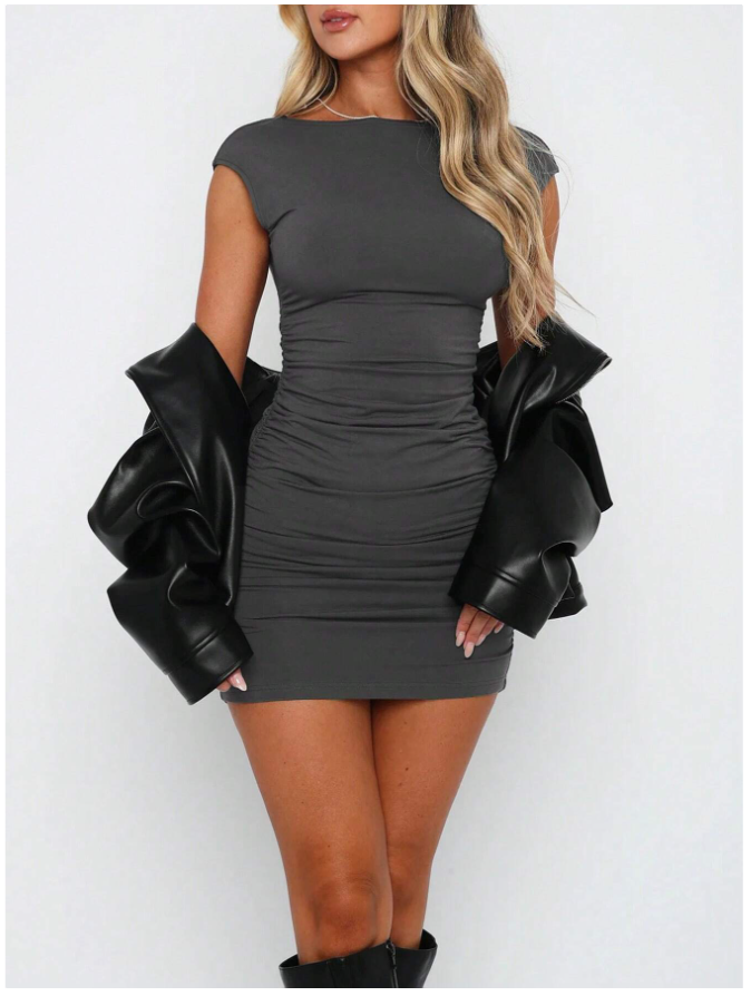 Vestido gris oscuro ajustado al cuerpo manga corta - 5222