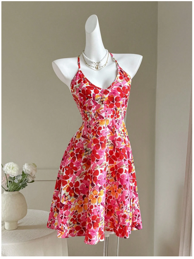 Vestido estampado floral tiras cruzadas en espalda - 5243