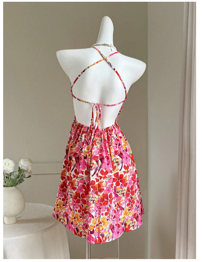 Vestido estampado floral tiras cruzadas en espalda - 5243