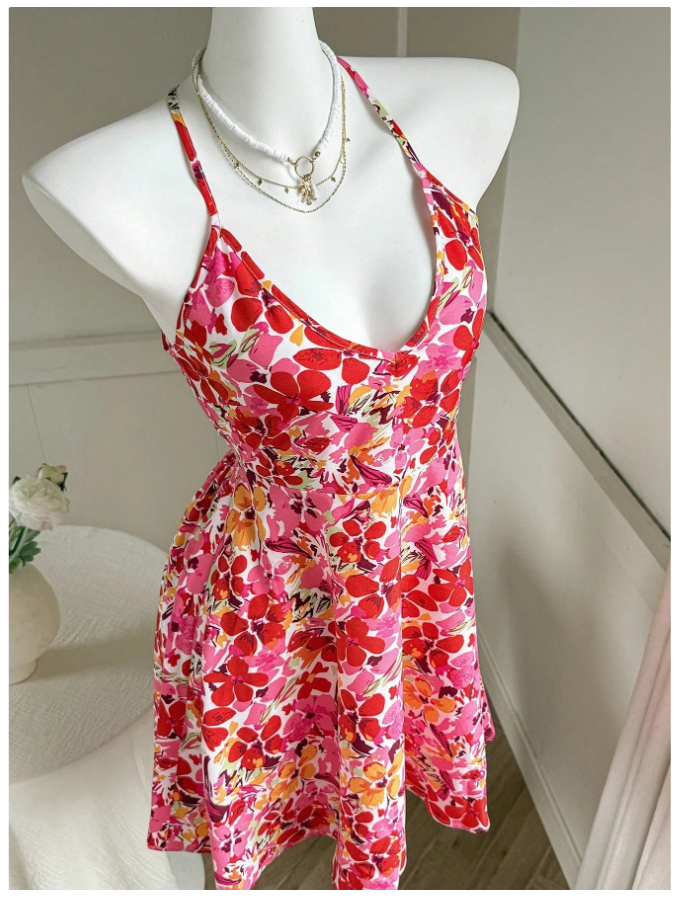 Vestido estampado floral tiras cruzadas en espalda - 5243