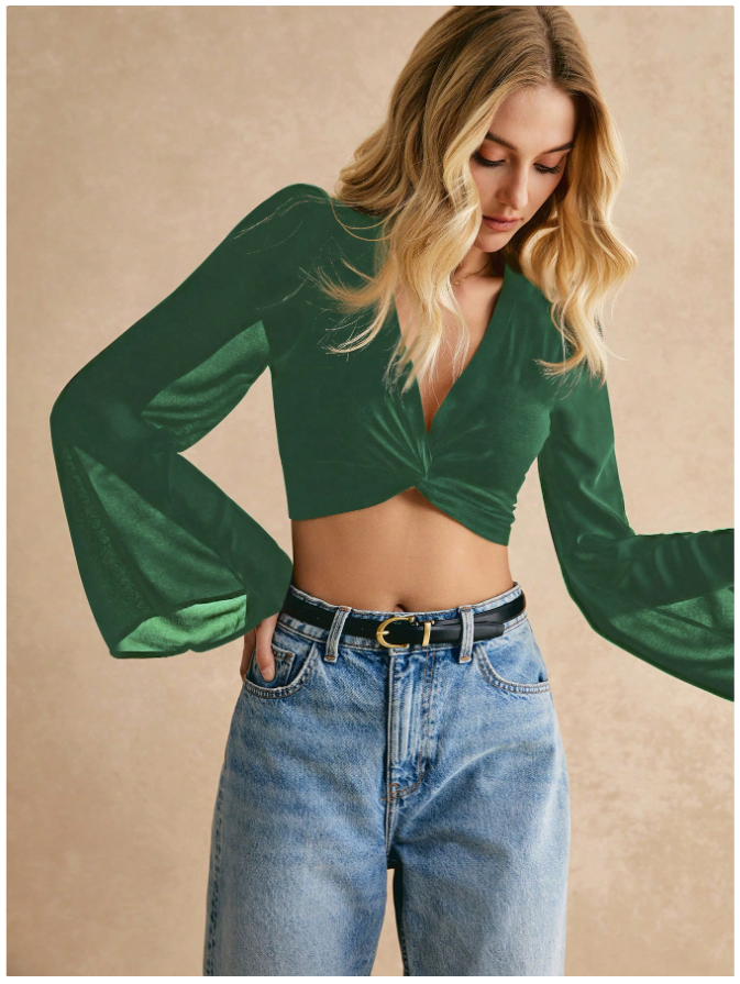 Crop top verde manga larga acampanada - 5245