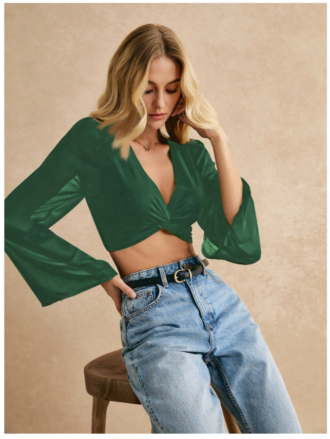Crop top verde manga larga acampanada - 5245