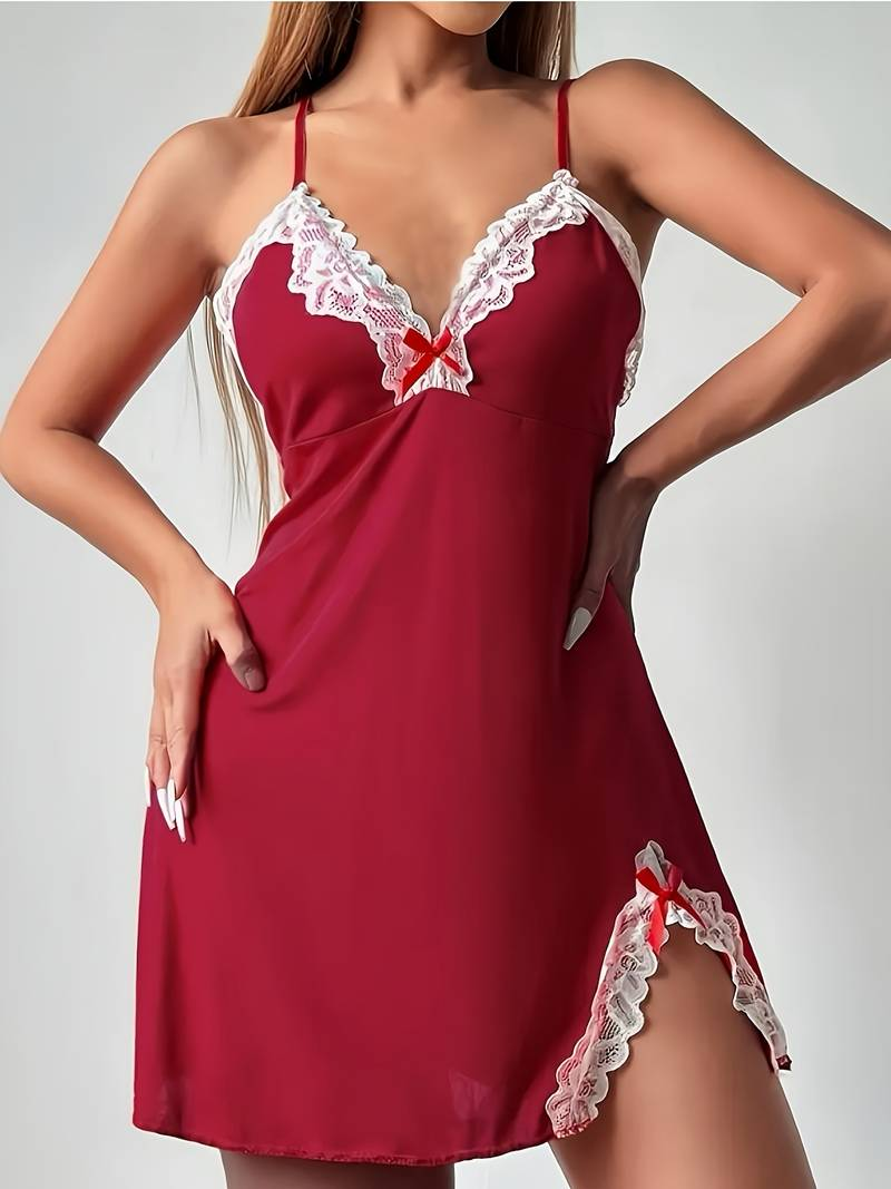 Pijama camison burdeos con encaje blanco - 5319