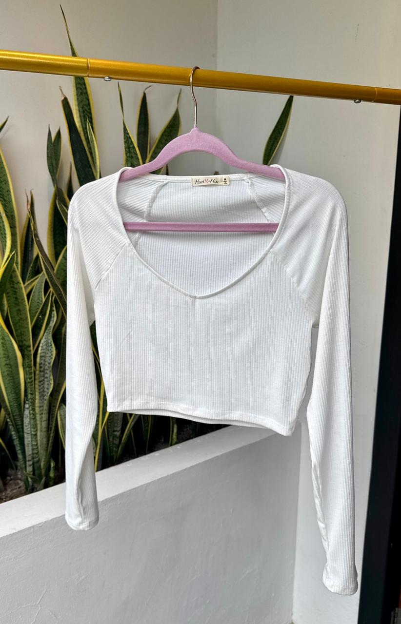 Crop top blanco básico manga larga cuello circular profundo - 5337BL
