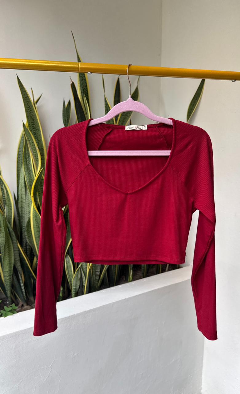 Crop top burdeos básico manga larga cuello circular profundo - 5337BU