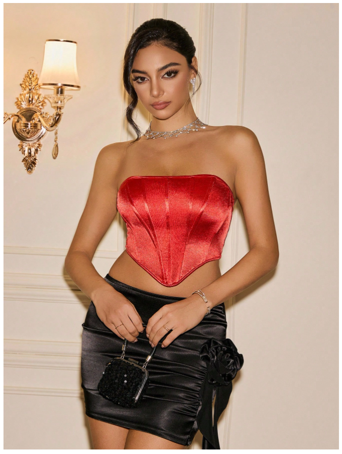 Crop top rojo tipo corsé satinado – Gihi Boutique