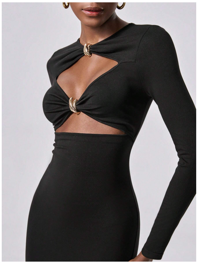 Vestido negro manga larga con decoración metálica - 5364