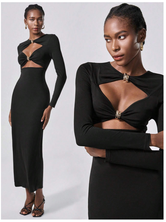 Vestido negro manga larga con decoración metálica - 5364