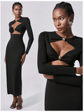 Vestido negro manga larga con decoración metálica - 5364