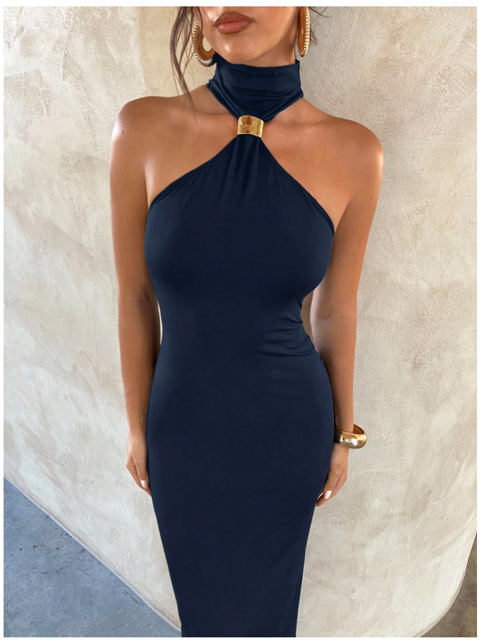 Vestido azul marino sin mangas detalle dorado en cuello - 5374