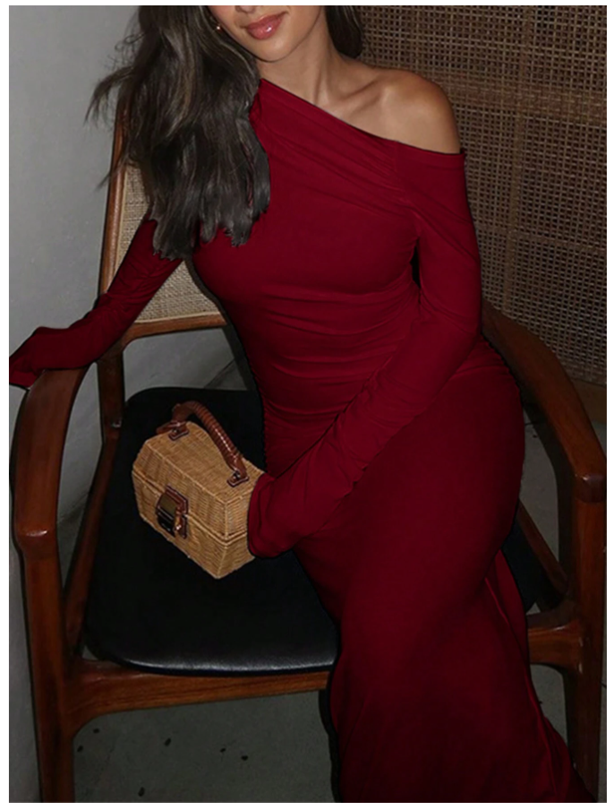 Vestido burdeos manga larga un hombro - 5375