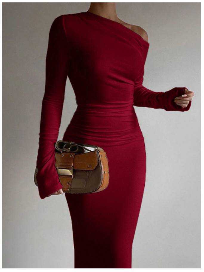 Vestido burdeos manga larga un hombro - 5375