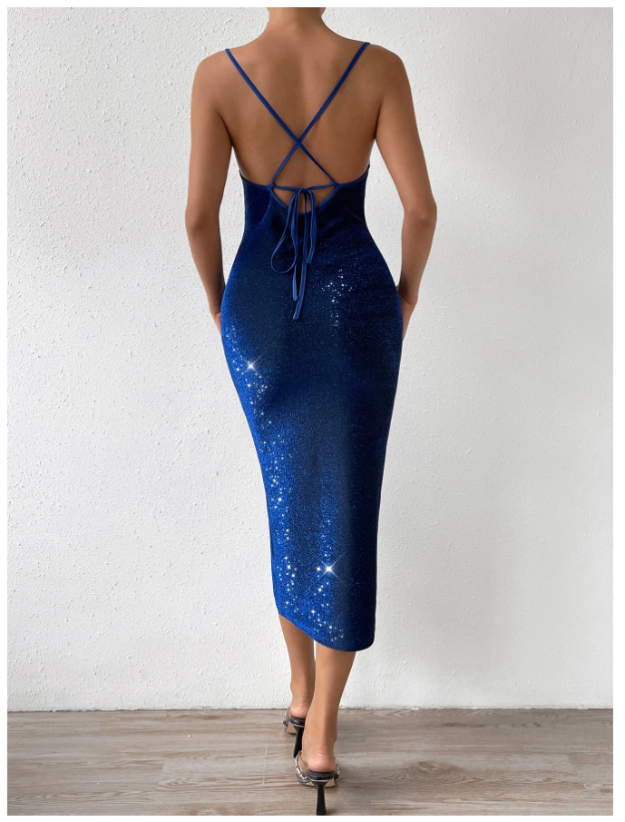 Vestido azul con brillos abertura en muslo - 5376