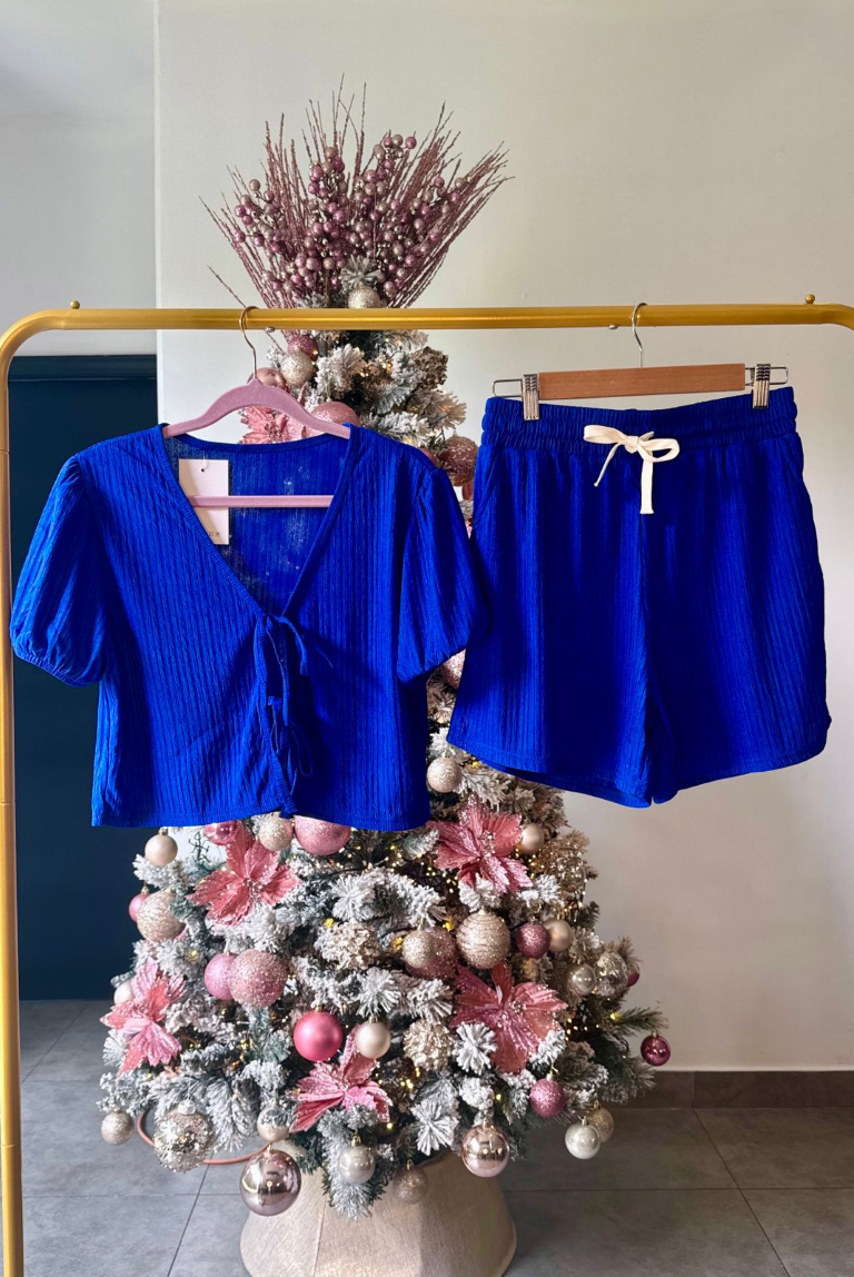 Set azul camisa con lazos frontales & short - 5386A