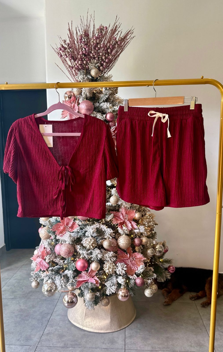 Set burdeos camisa con lazos frontales & short - 5386BU