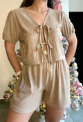 Set café claro camisa con lazos frontales & short - 5386CC