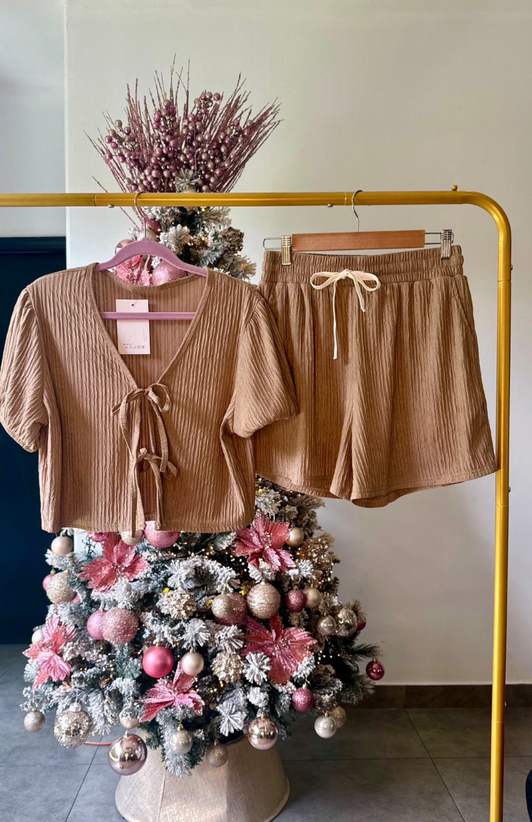 Set café claro camisa con lazos frontales & short - 5386CC