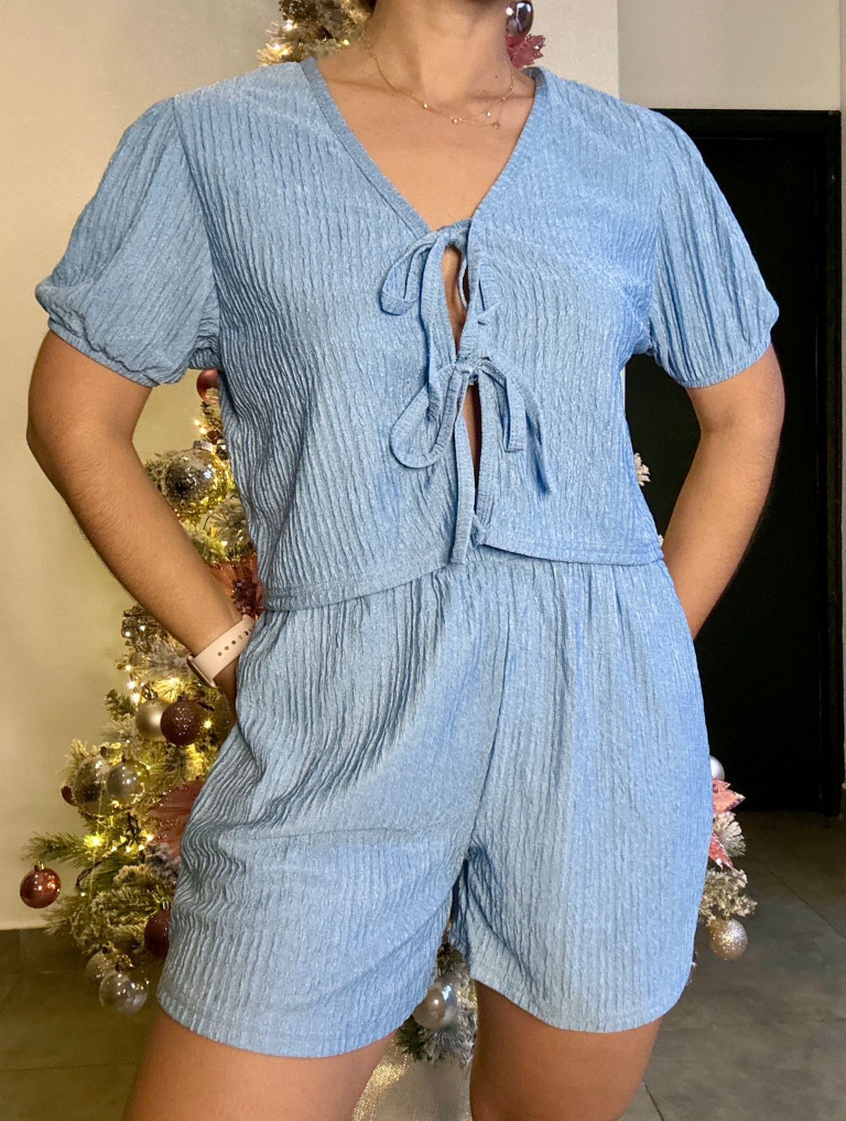 Set celeste camisa con lazos frontales & short - 5386CE