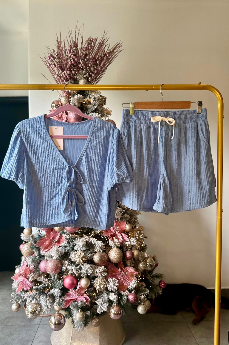 Set celeste camisa con lazos frontales & short - 5386CE
