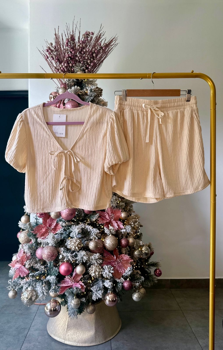 Set crema camisa con lazos frontales & short - 5386CR