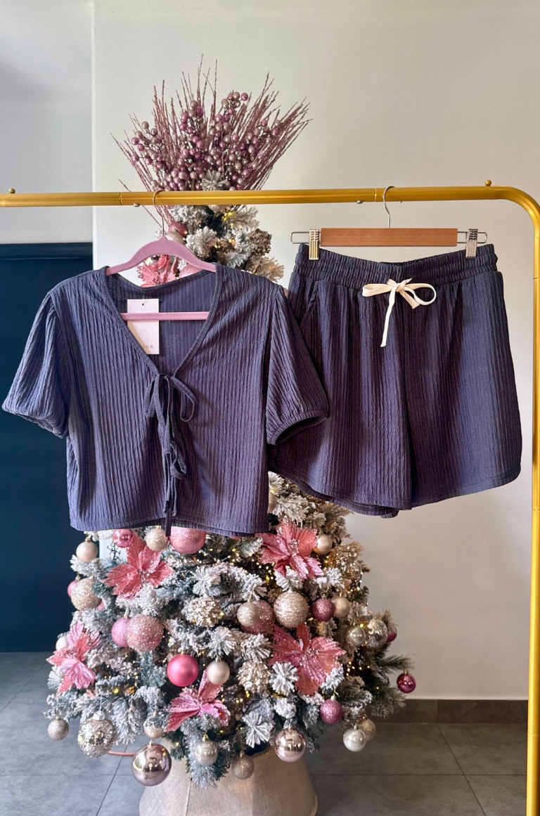 Set gris camisa con lazos frontales & short - 5386G