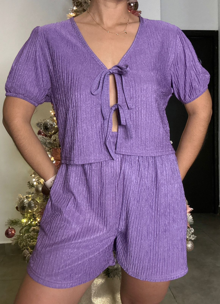 Set morado camisa con lazos frontales & short - 5386MO