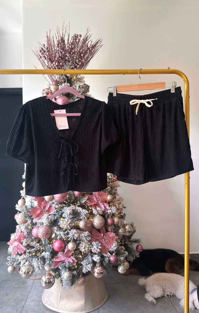 Set negro camisa con lazos frontales & short - 5386N