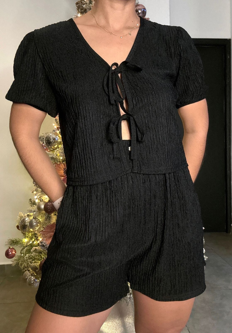 Set negro camisa con lazos frontales & short - 5386N