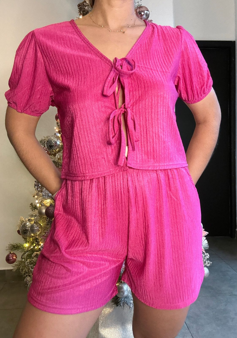 Set rosa fucsia camisa con lazos frontales & short - 5386RF