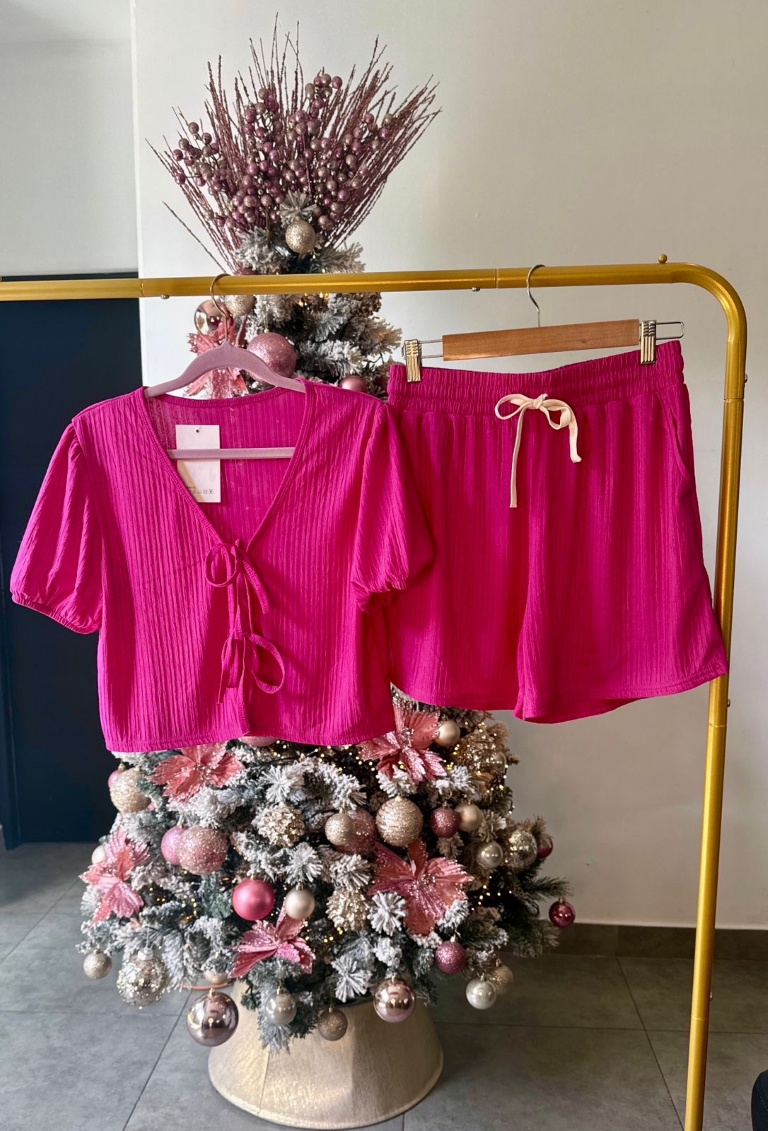 Set rosa fucsia camisa con lazos frontales & short - 5386RF