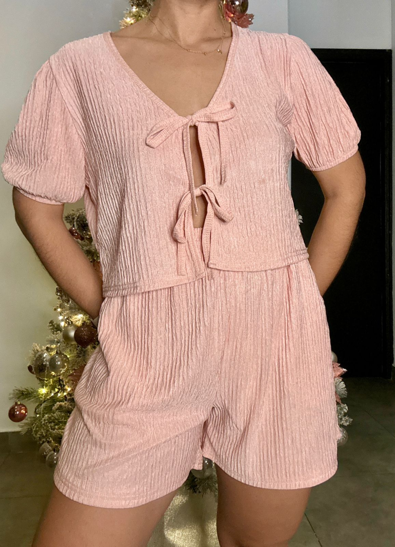 Set rosa vieja camisa con lazos frontales & short - 5386RV