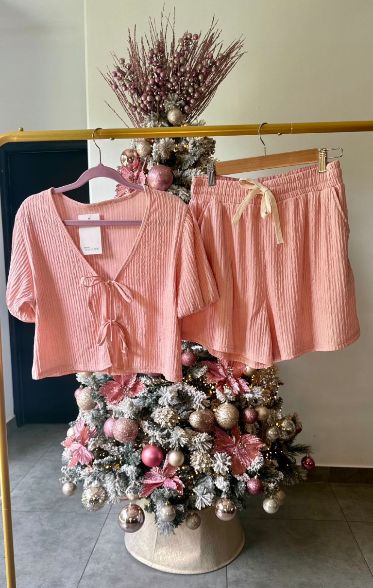 Set rosa vieja camisa con lazos frontales & short - 5386RV