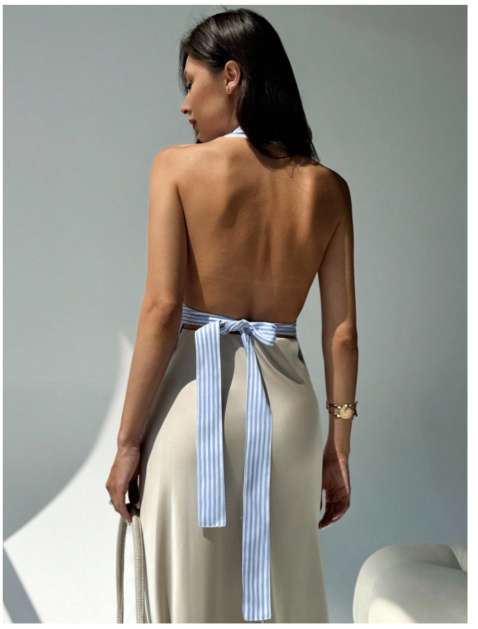 Crop top a rayas azul & blanco con decoración de conchas - 5426