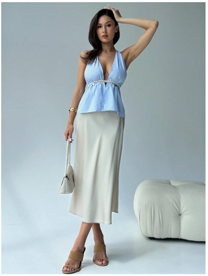 Crop top a rayas azul & blanco con decoración de conchas - 5426