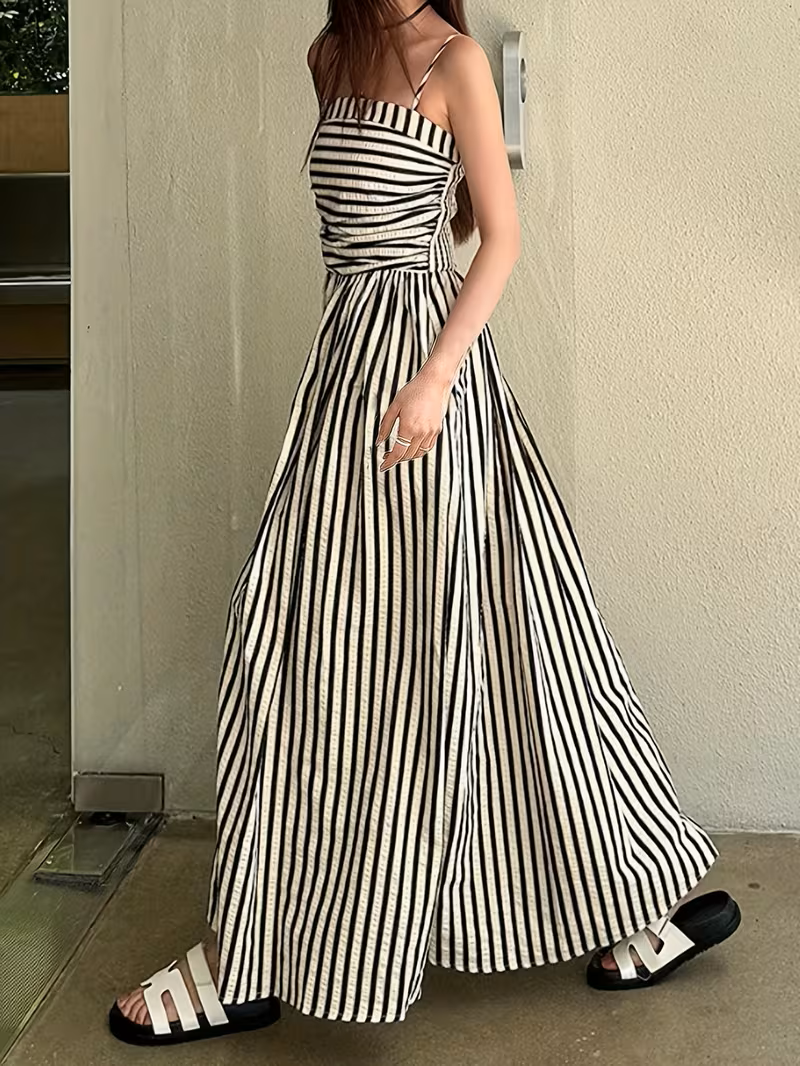 Vestido maxi a rayas blanco & negro hombros descubiertos - 5449
