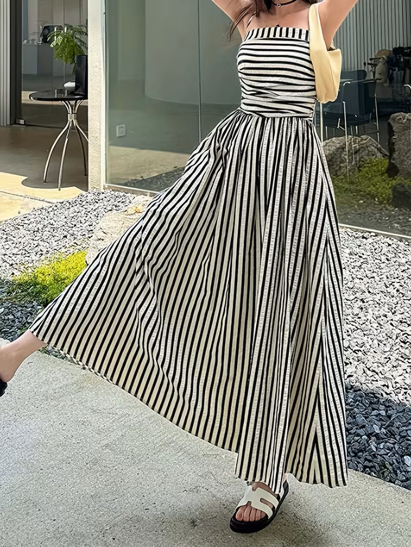 Vestido maxi a rayas blanco & negro hombros descubiertos - 5449